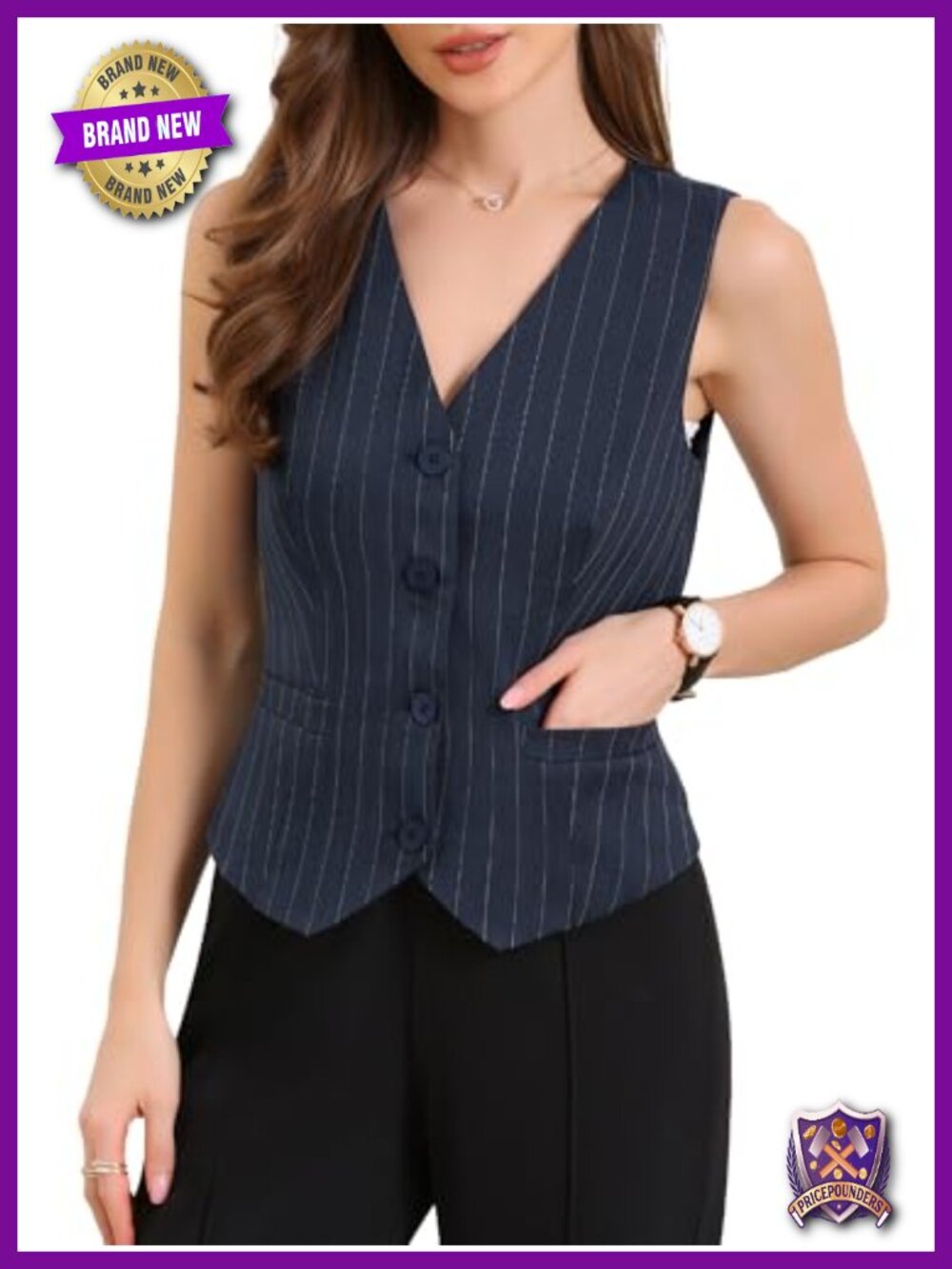 Women's V Neck Sleeveless Striped Suit Blazer Vest